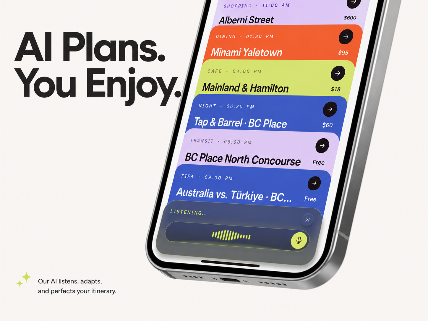 Placeholder phone visual showing AI itinerary planning